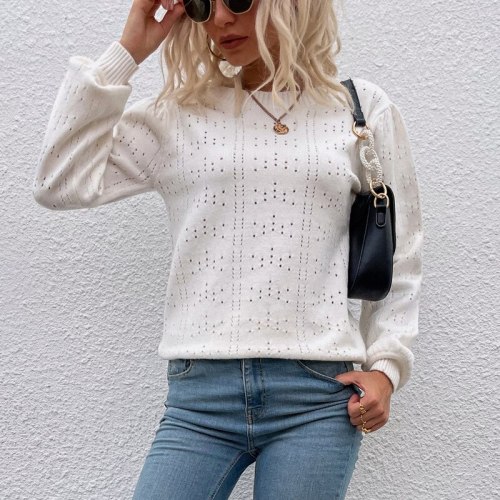 Cross-border bottoming shirt 2021 new sweater autumn and winter solid color lantern sleeve hollow sweater women