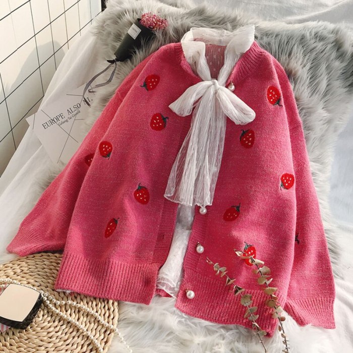 Oversize Cardigan Strawberry Embroidery Pearl Buttons Sweater