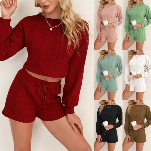 Long Sleeve sexy sweat short Pants Casual Women cloth sports Suit two pieces fashion O-neck tops home solid suits Sets