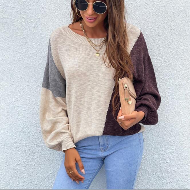 Women Sexy Off Shoulder Sweater Pullover Long Sleeve Sweaters Autumn Irregular Color Matching Sweater Jumpers Knitwear Sweaters