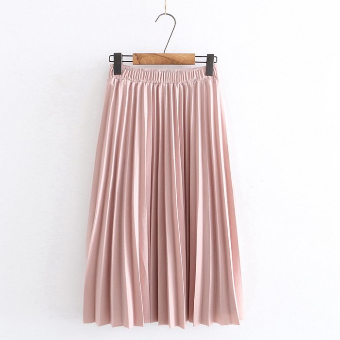 2021 Women Summer A-Line Pleated Skirt High Waist Elegant Pink Skirt Casual Clothes Faldas Jupe Femme Saia Women Midi Skirts