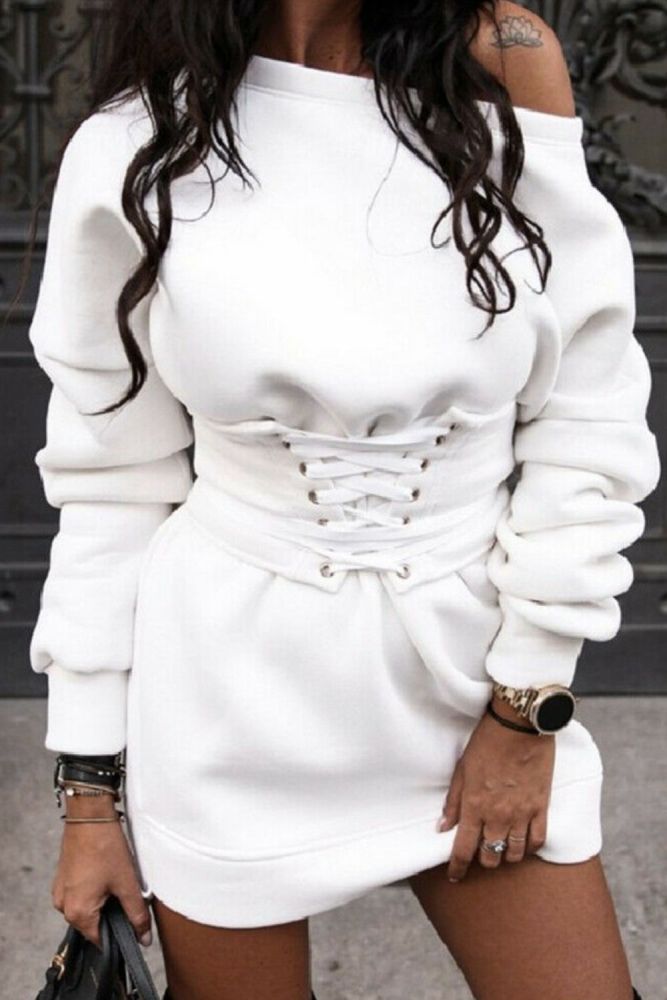 Sexy Slim High Waist Lace Up Mini Dress Winter Fall White Black O-neck Long Sleeve Dresses For Women