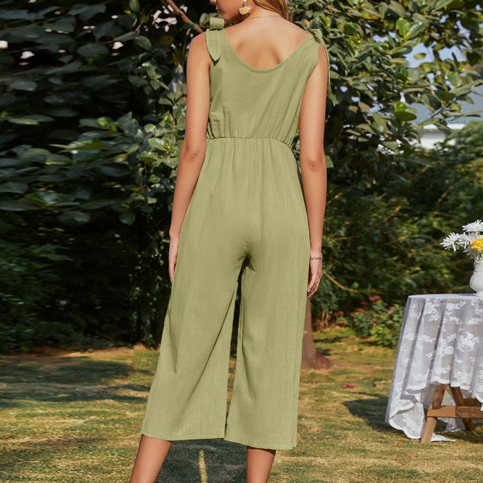 2021 Summer New Women'S Wear Cotton And Linen Bowtie Jumpsuit Linen Casual Pants Women'S Wear