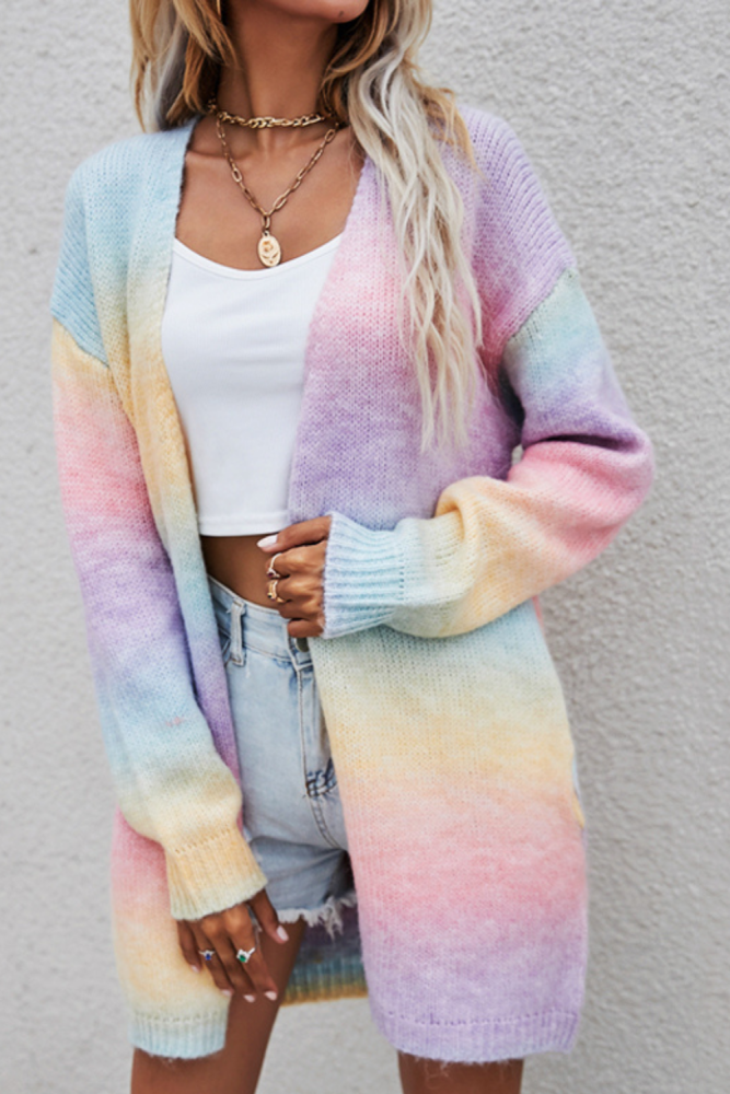 Autumn vintage cardigans winter new women's sweater 2021 rainbow tie-dye mid-length plus size cardigan knitted sweater jacket