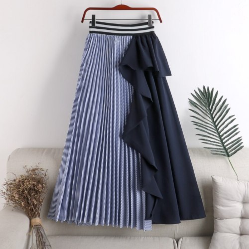 Stitching Irregular Ruffle Skirt 2021 New Korean Version of Elastic Waist Was Thinner Mid-length Striped Female Skirt Fashion