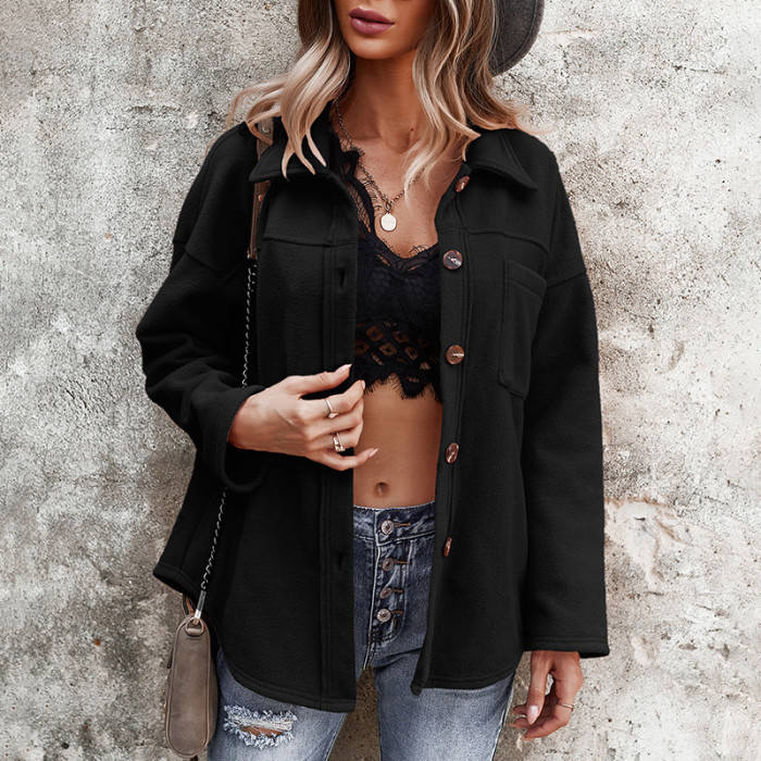 Women Fleece Shirts Turn Down Collar Single Breasted Solid Long Sleeve Casual Street Style Blouse Autumn Winter Top