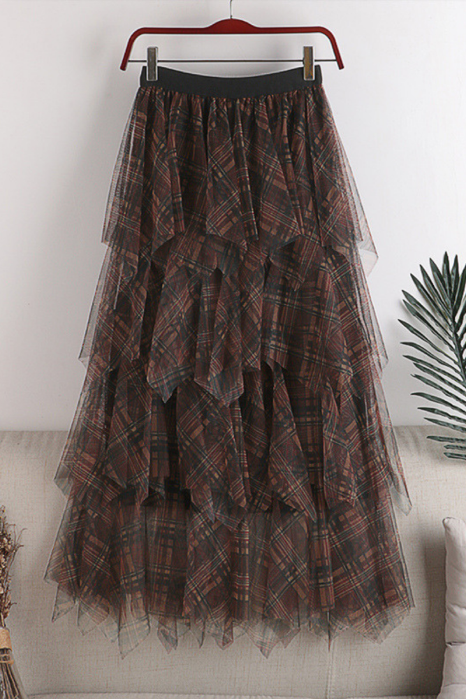 Spring Cakee Blue Plaid Patchwork Retro Long Tulle Skirts High Low Irregular Check Maxi Long Mesh Skirts