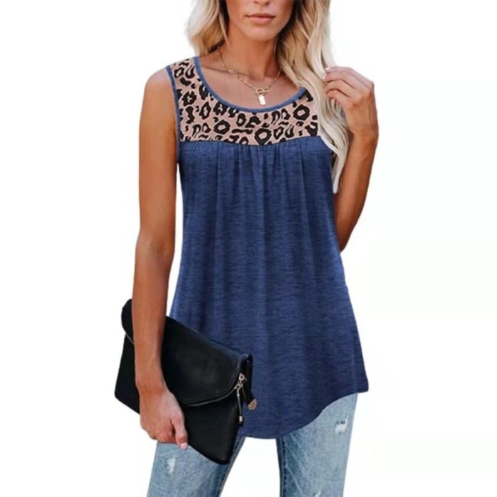 2021 Summer Women Tank Tops Sleeveless Leopard Patchwork Print Loose O-neck Vest Casual Tunic T-shirt Women Clothing