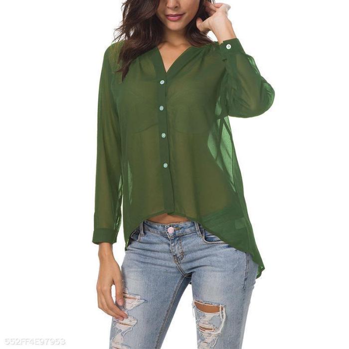 Sexy See Through V Neck Button Long Sleeve Chiffon Blouses
