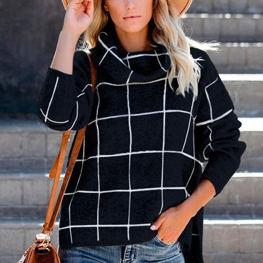 Loose Turtleneck Plaid Low High Pullover Sweater