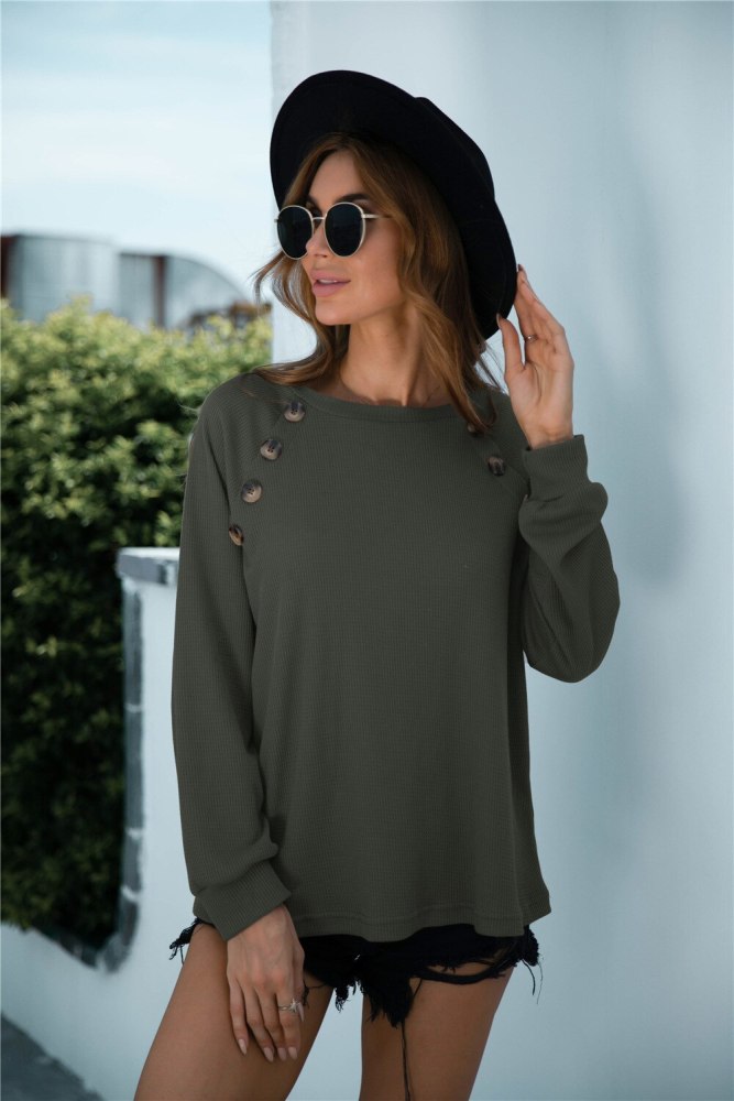 Casual Loose Pullover Top 2021 Autumn And Winter New Solid Color Round Neck Button Decoration Long-sleeved Knitted Tops Women