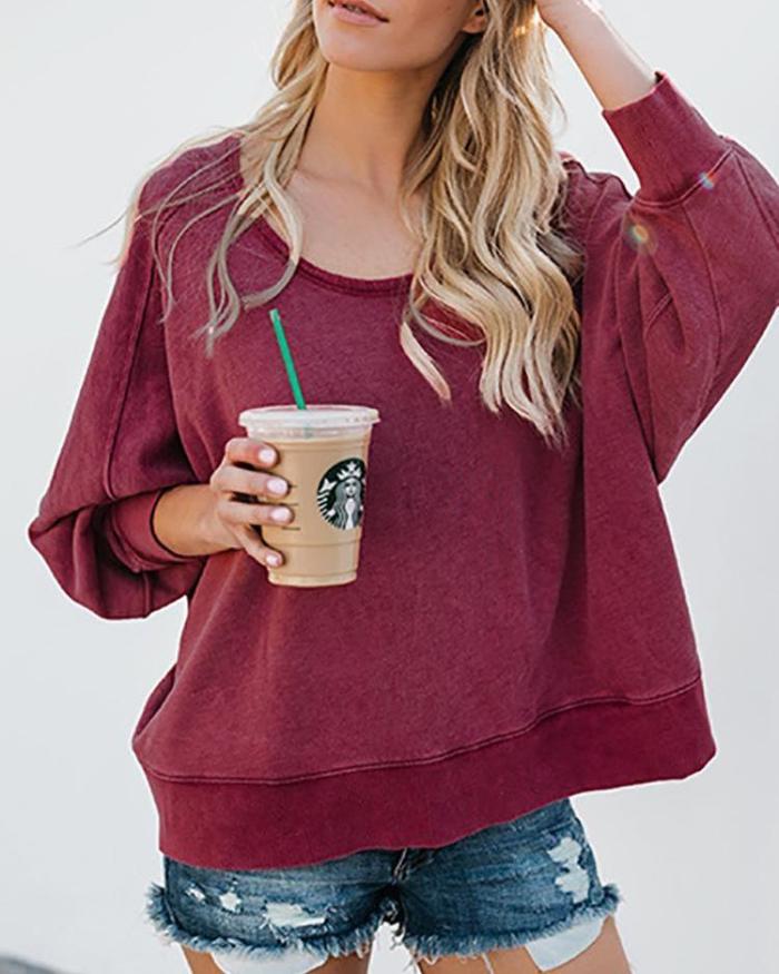 Solid Long Sleeve Open Back Blouse