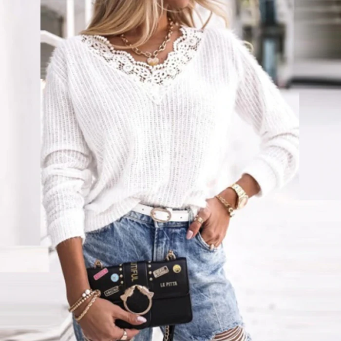 Casual V-Neck Patchwork Lace Sweaters Jumpers Women Lace Hollow Out Lady Knitted Sweater Autumn Winter Long Sleeve Tops Pullover