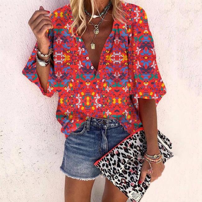 Exotic Bracelet Sleeve Printed Color Single-breasted Blouse