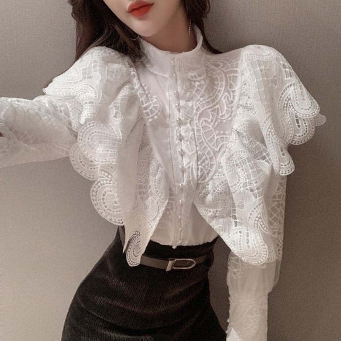 Stand Collar Ruffles Lantern Sleeve Embroidery Lace Blouse