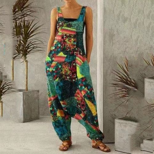 Summer Women Vintage Print Jumpsuits Fashion Sleeveless Pocket Loose Overalls 2021 Casual Cool Streetwear Colorful Playsuits 3XL