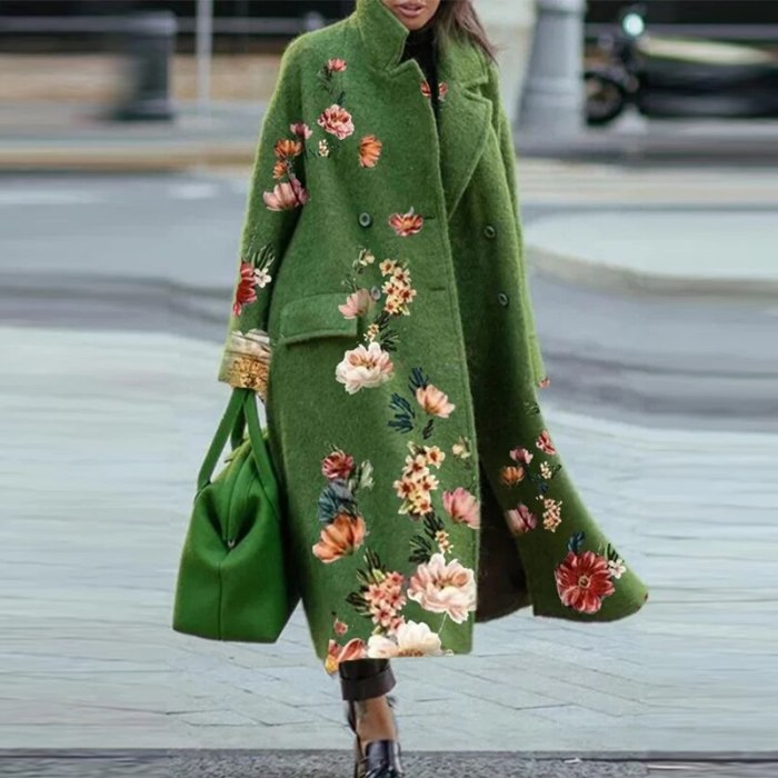 Vintage Long Sleeve Pocket Green Outwear Autumn Casual Loose Blend Wool Long Overcoat