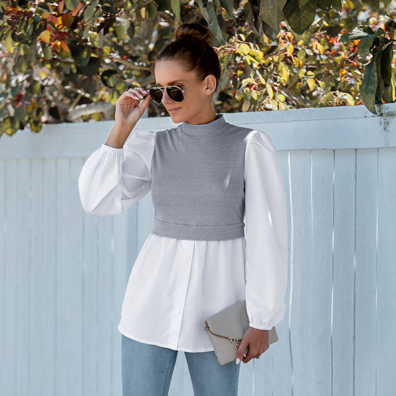 2022 Spring Patchwork Knitted Pullovers Tops Women Slim Fit Lantern Sleeve Jumper Shirts Elegant Sweater Tops Femme