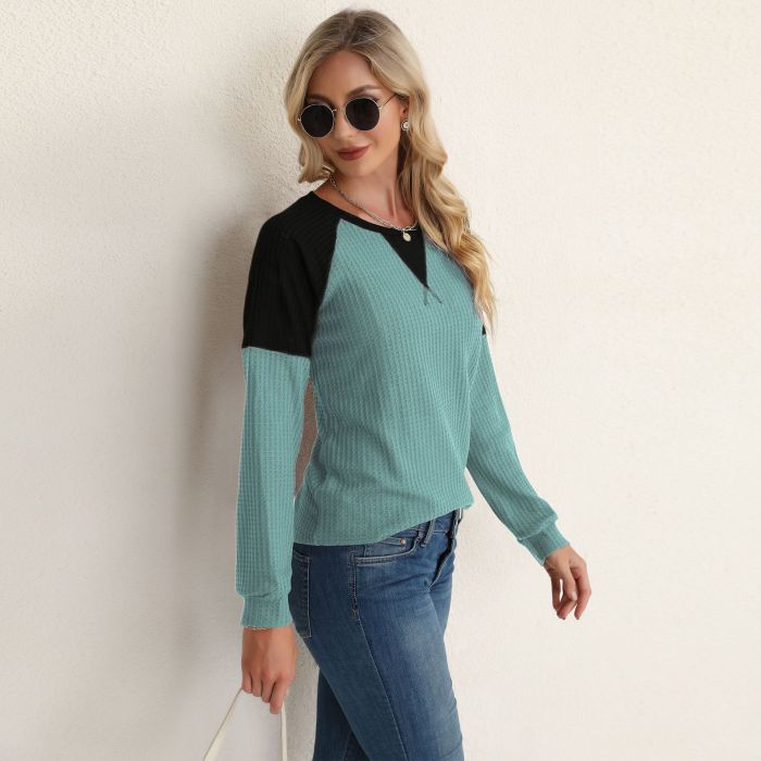 2021 Spring and Autumn Knitted Pullover Top Round Neck Stitching Long-sleeved Sweater England Style Women's Fashion Clothing