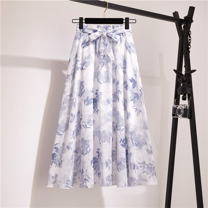 Long Pleated Chiffon Skirt Women Fashion 2021 Summer Big Hem High Waist Floral Print Holiday Beach Skirt Female