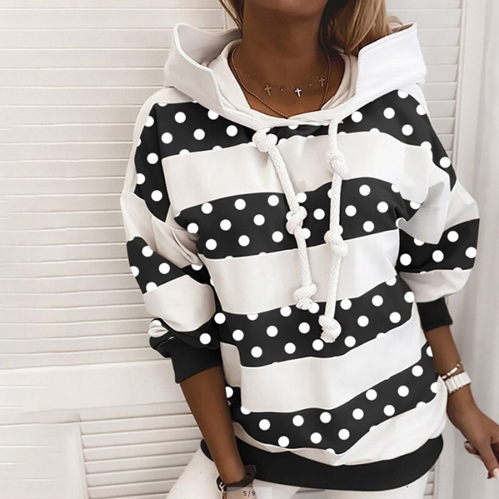 Women Fashion Dot Print Leopard Patchwork Hoodies Autumn Winter Casual Long Sleeve Tops Hooded Drawstring Design Loose Pullovers