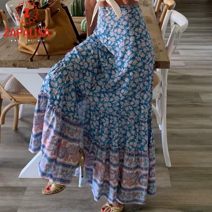 Bohemian Style Women Summer Skirts for Holiday Shrinkage Design Elastic High Waist Flower Print Slim Long Skirts