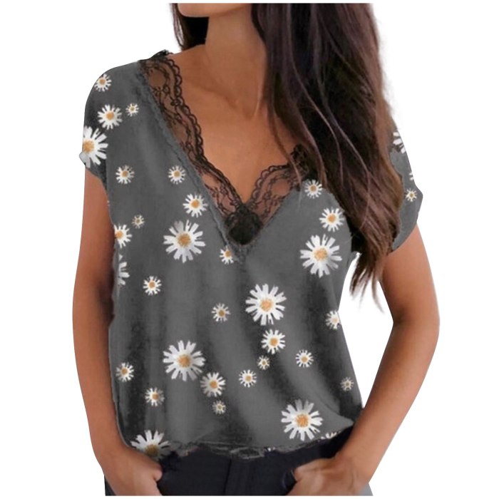 New T Shirt Women Tshirt Summer Daisy Pineapple Lace Print Ruffle Lady V-neck Short Sleeve Casual T-shirt Tops Blusas 2021