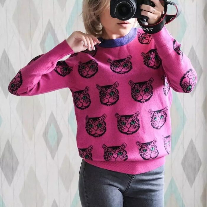 Women Cartoon Cat Print Casual Pullover Knitted Top