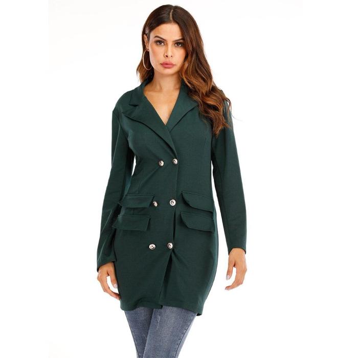 Sexy Double-breasted Thin Blazer Coat Women Autumn Casual Long Sleeve Gold Button Elegant Slim Solid Long Blazer Trendy Coat