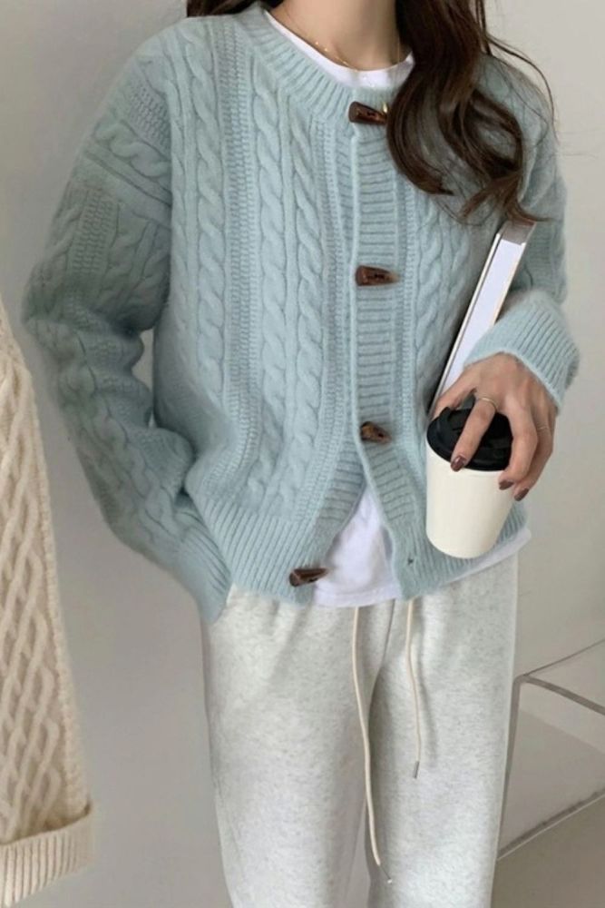 Fashion Horn Button Cardigan Women Sweater Loose Solid Twist Knit Sweater Coat Woman Korean Style O-Neck Long-Sleeved Sweaters