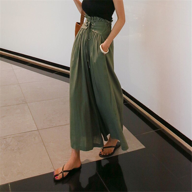 2021 Spring Summer Solid Fashion Casual Straps High Waist-length Loose Elastic Waist Wide Leg Pants Women