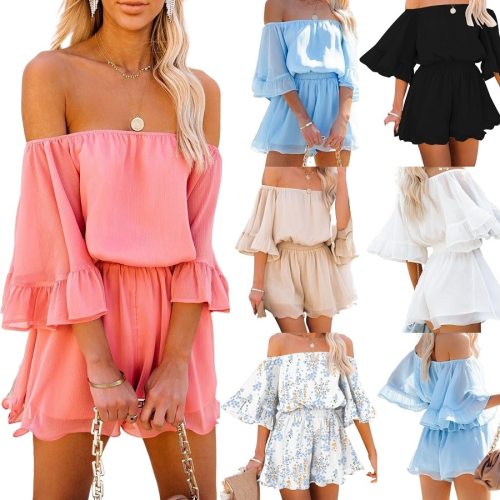 Women Summer Chiffon Playsuits Off the Shoulder Strapless Short Jumpsuits and Rompers Ladies Beach Casual Bodysuits