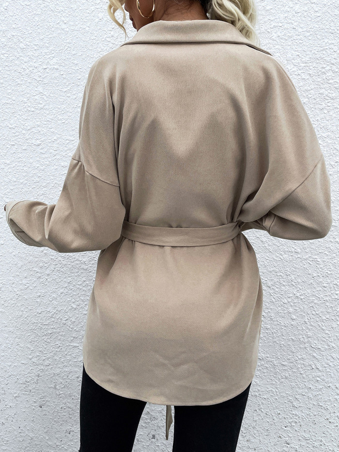 Solid Waist Shirt Jacket Women Pockets Button Streetwear Shirt Female 2021 New Autumn Winter Fashion Short Coats