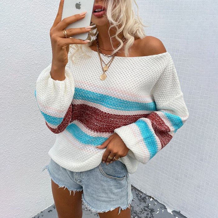 Autumn rainbow striped jumper womens sweaters winter 2021 new pullovers women's contrast color collar sweater pullover Street