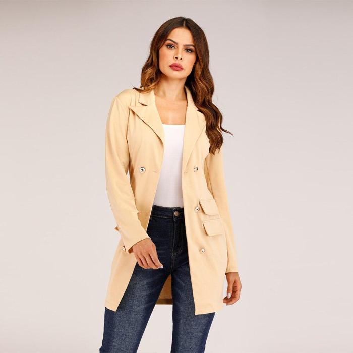 Sexy Double-breasted Thin Blazer Coat Women Autumn Casual Long Sleeve Gold Button Elegant Slim Solid Long Blazer Trendy Coat