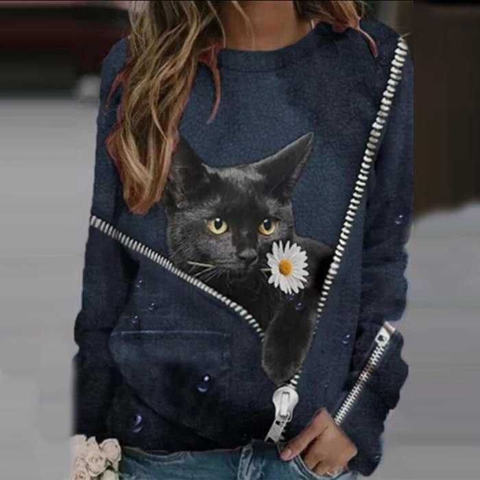 Cat Zipper Print Women Casual Crew Neck Blouse Shirts