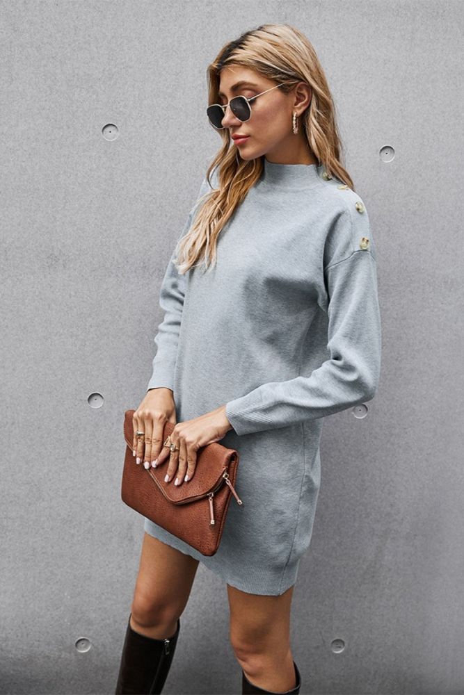 Women Turtleneck Buttons on The Shoulders Vintage Mini Dress Simple Slim Long Sleeve Solid Elastic Sweater 2022 Spring and Autumn for Women