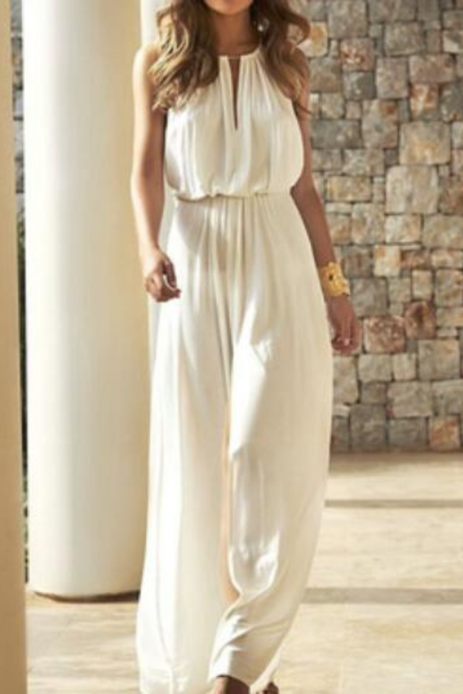Elegant Solid Colors White Jumpsuit Summer Women Sleeveless High Waist Loose Trousers Wedding Party Style Casual Commute Pants