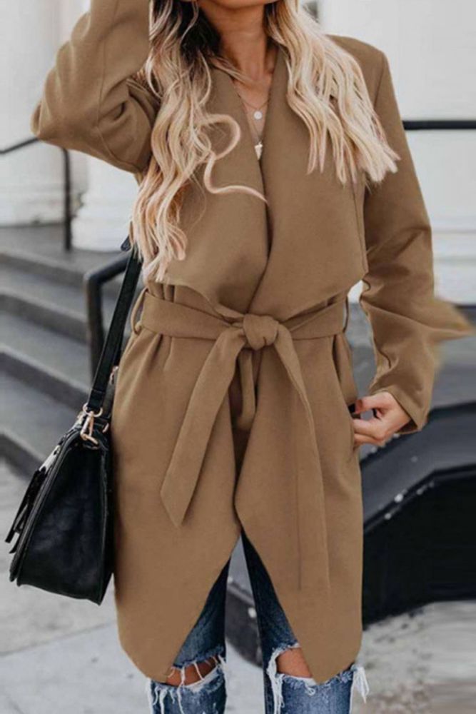 Women Lapel Solid Color Wool Casual Jacket Fall Winter Elegant Lace-Up Belt Long Sleeve Coat Casual Slim Office Lady Overcoat