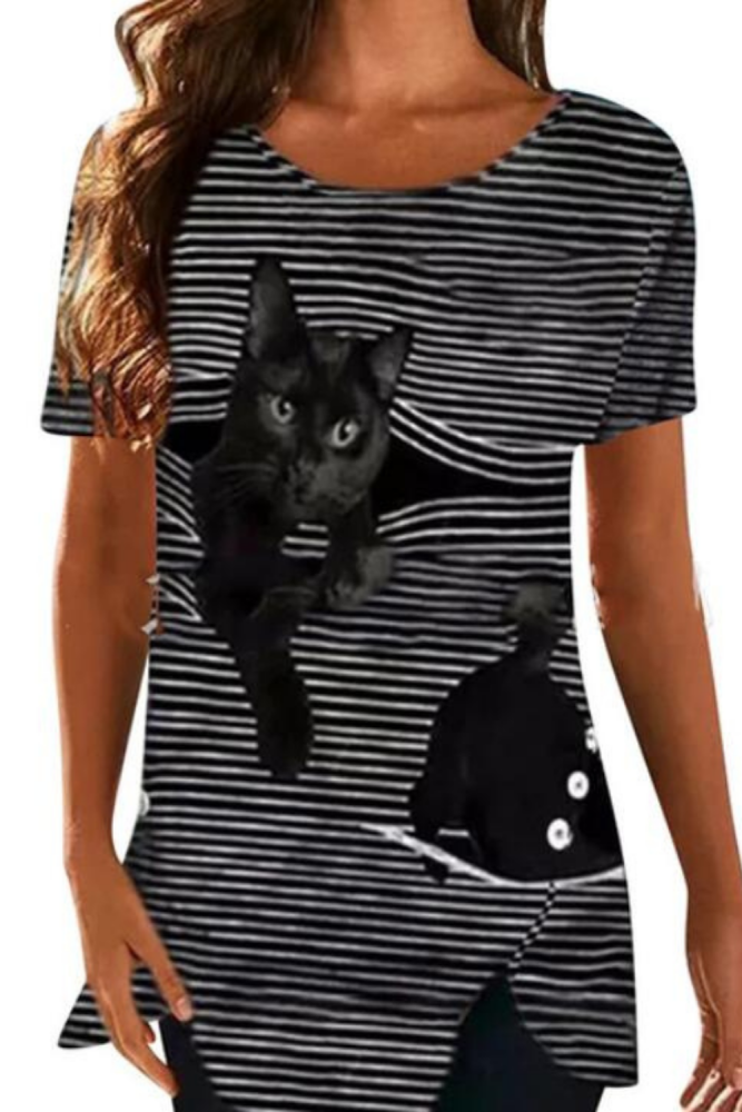 Summer Women Fashion New Elegant Office Lady Tops Cat Print Short Sleeve Button T-shirt
