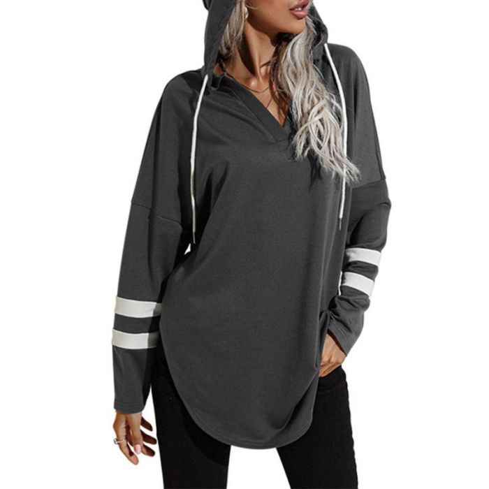 Spring and Autumn Women's Fashion V-neck Loose color contrast stripe stitching Casual Bat Sleeve Hoodie Sweatshirt