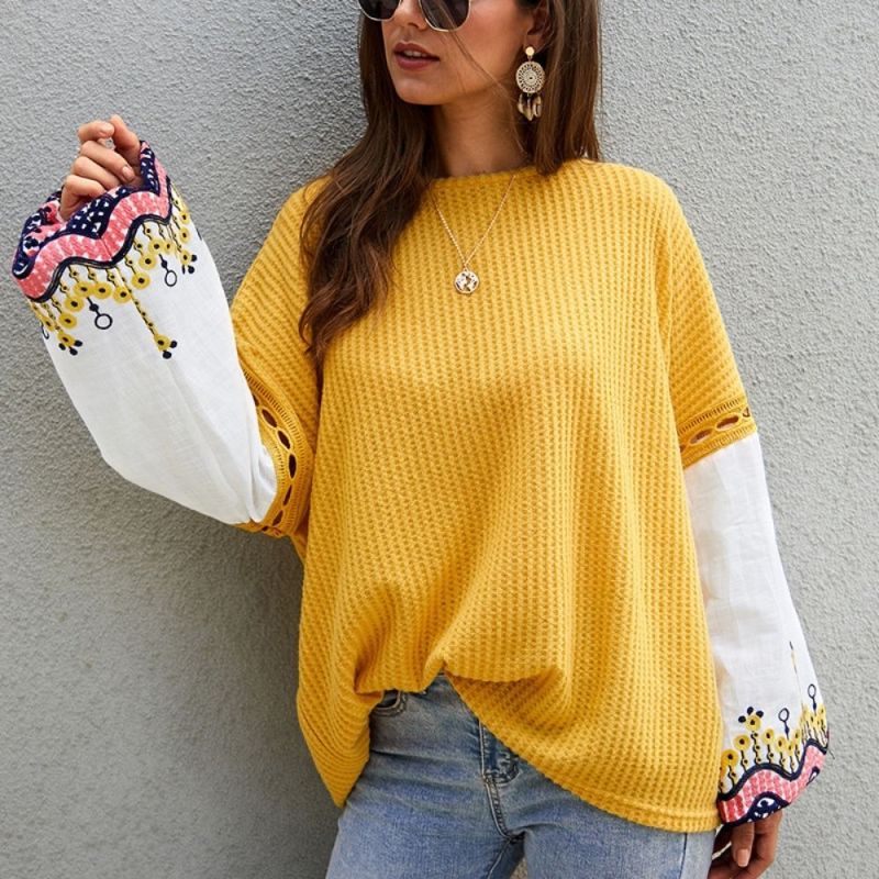 Fashion Knitted Embroidery Pullovers Sweater Women Casual Flare Sleeve Slash Neck Full Sleeve Sweater Top 2022 New