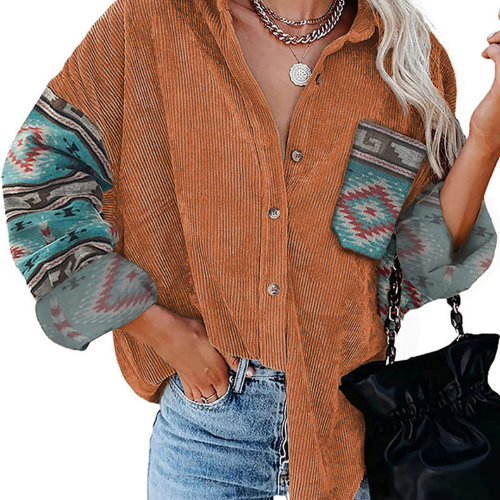 Vintage Jacket Women Splicing Print Long Sleeve Coat Lapel Spring Autumn Loose Single Breasted Short Jackets