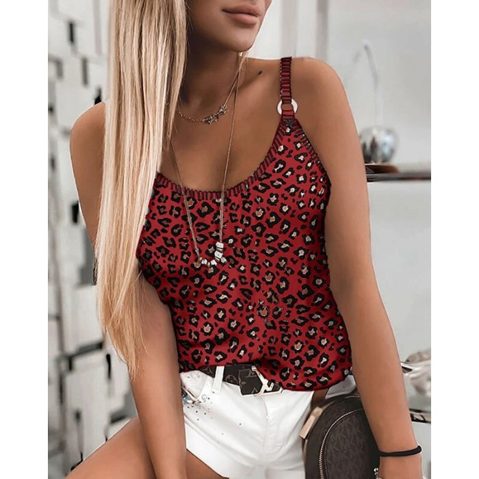 Summer Fashion Women's Leopard Camouflage Print Sexy Stretch Camisole Slim Casual Sleeveless Sexy Camisole Tops Plus Size