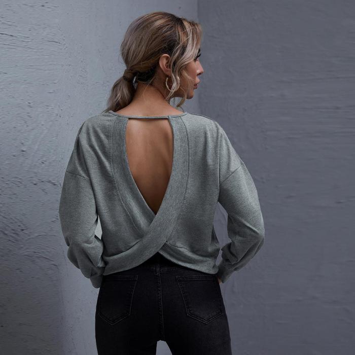New Women Fasion Sweatshirts Spring And Autumn Pure Color Backless Casual Short Top Streetwear Women's Clothing