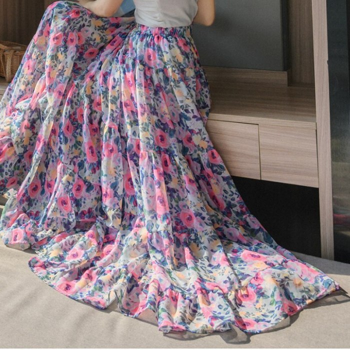 Summer Sweet Bright Floral Printed Boho Maxi Long Chiffon Skirts Patchwork Flared A-line Casual Beach Chiffon Ankle Long Skirts