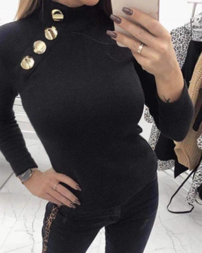 Solid Decorative Button Knit Top