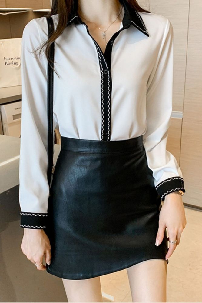 Long-sleeved Shirt Contrast Color Stitching Blouse Temperament Lady Chiffon Shirt Autumn 2021 New