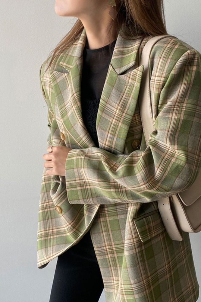 Women Spring Double Breasted Check Blazer Vintage Female Pockets Plaid Suits Jacket Casual Street Outwears