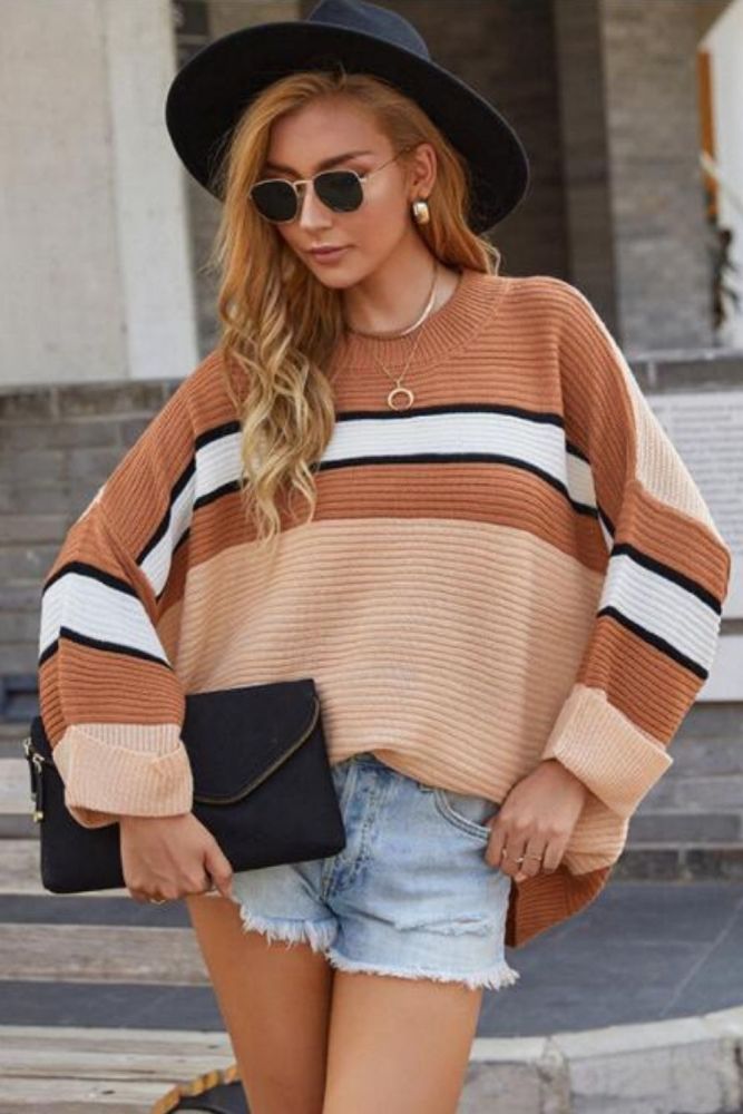 Autumn Women Sweater Pullovers New O-Neck Long Bat Sleeve Loose Striped Patchwork Pullovers Female Sweater